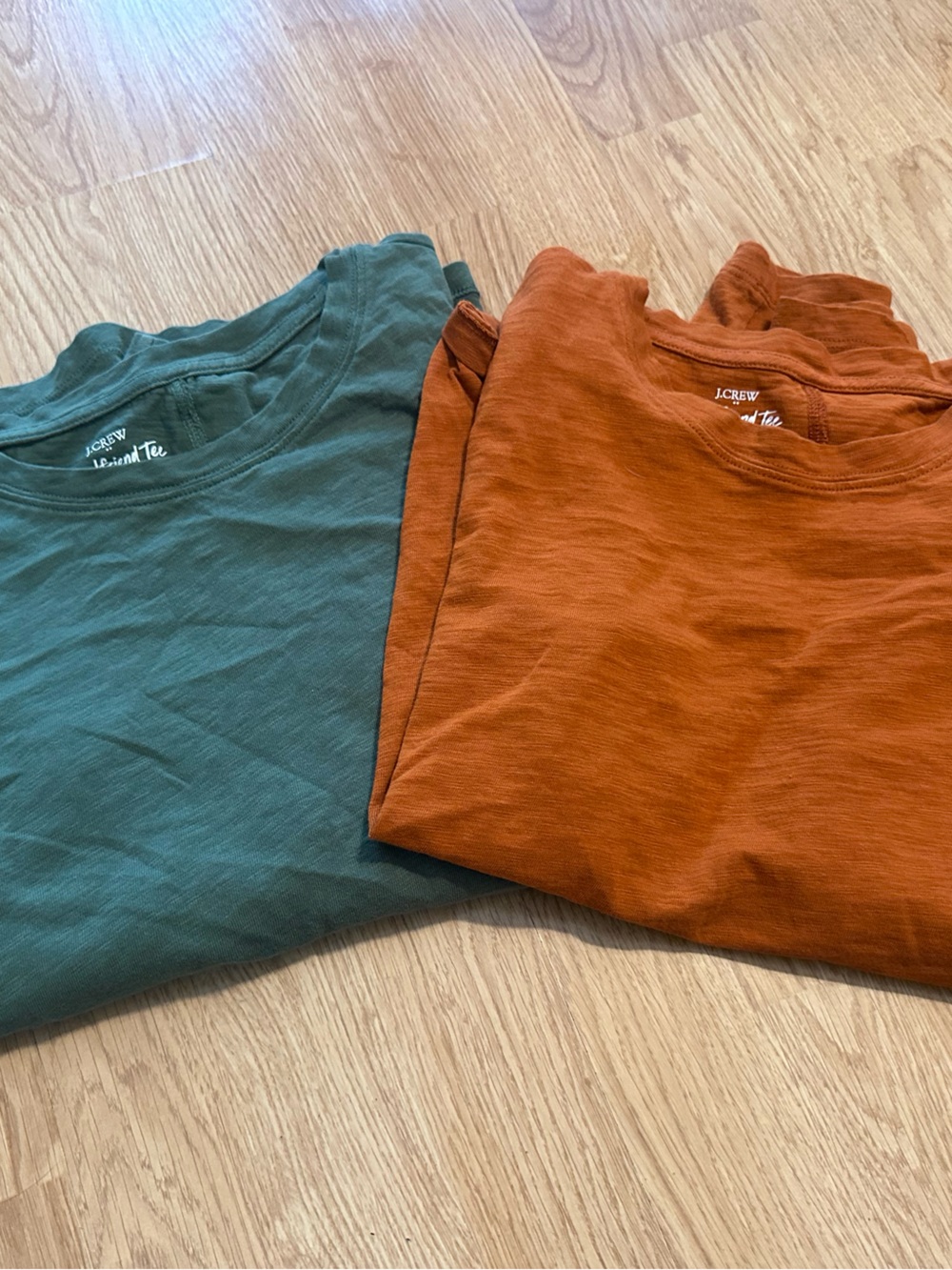 J. Crew Crew Neck Tees in Burnt Orange and Forest Green